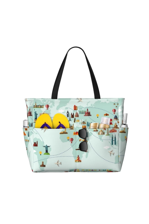 Large Beach Bags Water-resistant Sandproof - World Travel Map Cute Beach Tote Bags for Women with Zipper