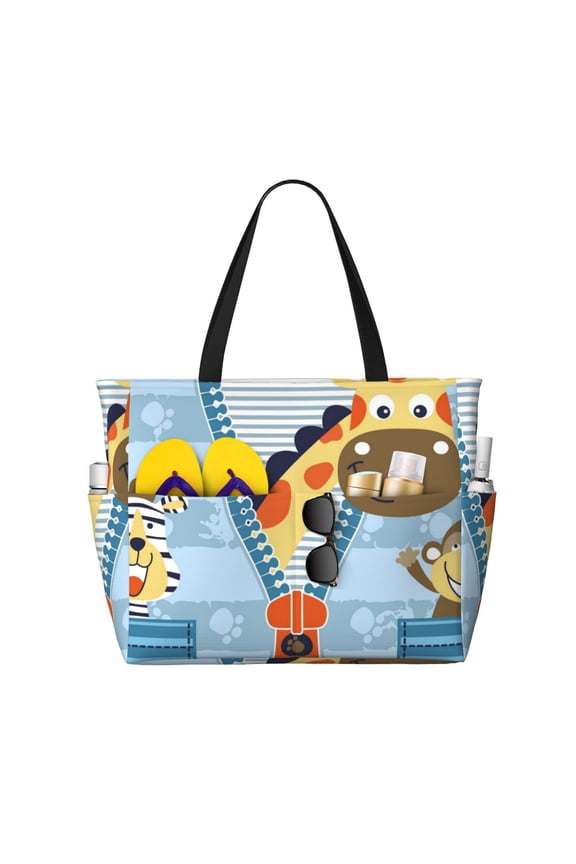Large Beach Bags Water-resistant Sandproof - Zebra with Monkey in Pocket Cute Beach Tote Bags for Women with Zipper