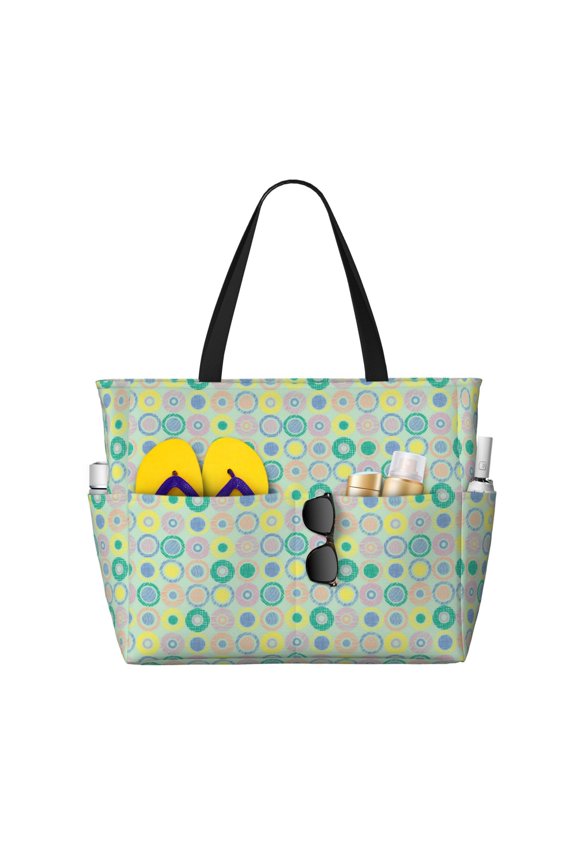 Large Beach Bags Water-resistant Sandproof - abstractly circles pattern Cute Beach Tote Bags for Women with Zipper