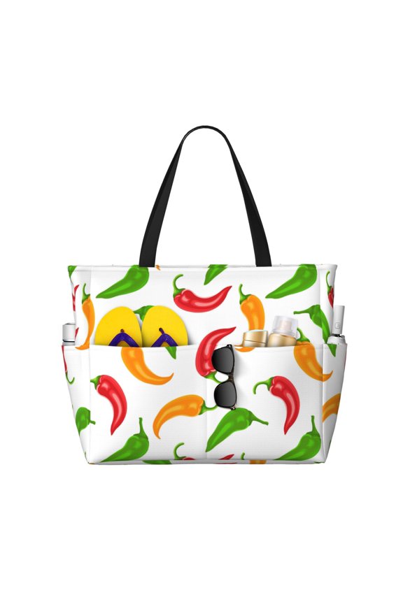 Large Beach Bags Water-resistant Sandproof - bell Pepper colorful Print Cute Beach Tote Bags for Women with Zipper