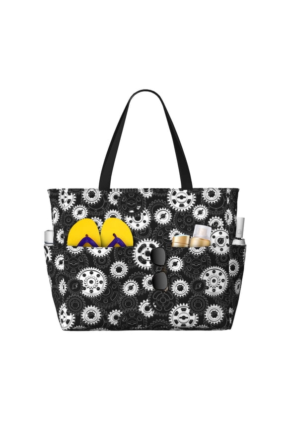 Large Beach Bags Water-resistant Sandproof - black gear Pattern white Cute Beach Tote Bags for Women with Zipper