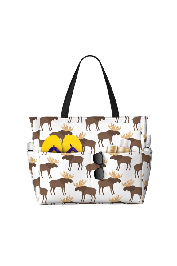 Large Beach Bags Water-resistant Sandproof - cute moose horns elk cartoon Cute Beach Tote Bags for Women with Zipper