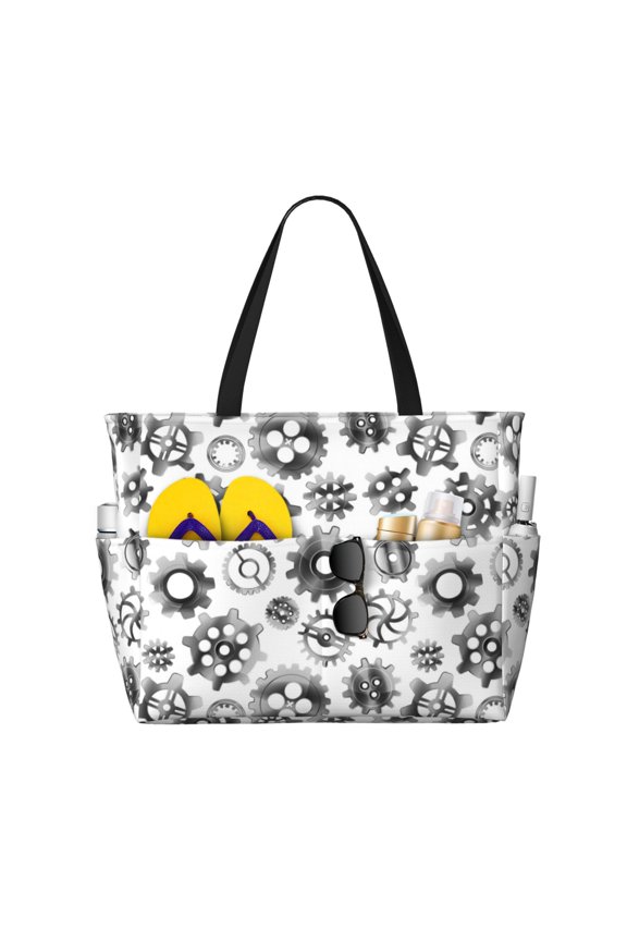 Large Beach Bags Water-resistant Sandproof - silver Gear Pattern Cute Beach Tote Bags for Women with Zipper