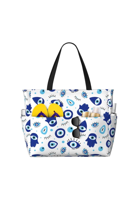 Large Beach Bags Water-resistant Sandproof - vintage blue evil eye Cute Beach Tote Bags for Women with Zipper