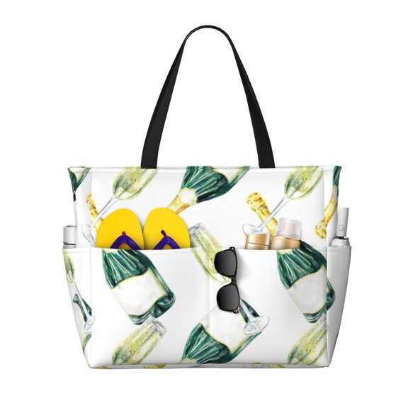 Large Beach Bags Water-resistant Sandproof - wine bottle pattern Cute Beach Tote Bags for Women with Zipper