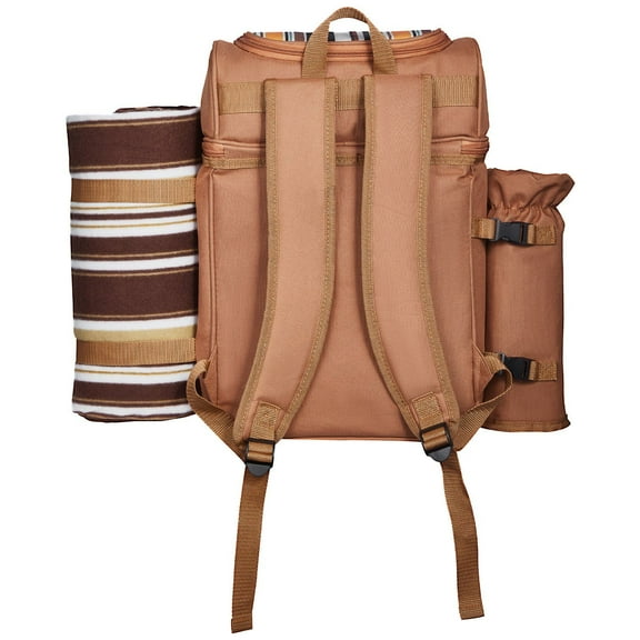 Large Beach Picnic Backpack for 4 Person with Insulated Cooler Compartment Brown