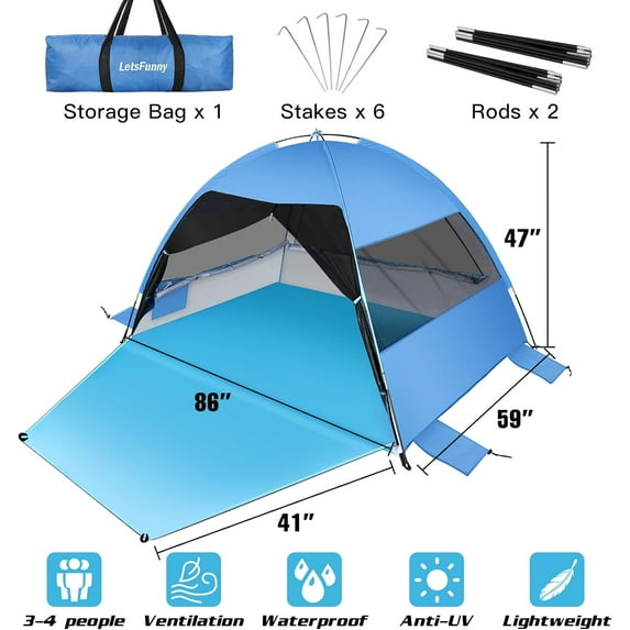 Large Beach Tent with UPF 50+ , 3 Mesh Windows, Extended Floor for 3-4 People, Portable Shade Canopy for Camping, Fishing, Beach