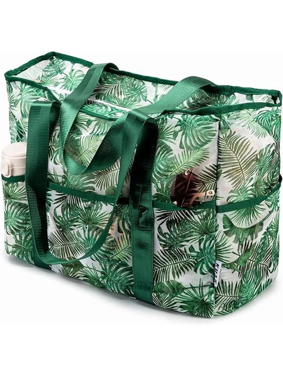 Large Beach Tote with Top Zipper, 9 Pockets, Inner Waterproof Pocket for Family