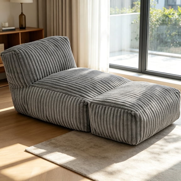 Large Bean Bag Lounger Chair for Adults, Plush Sleeper Chair Filled with High-Resilience Foam, Soft Corduroy Lazy Sofa for Living Room, Bedroom, Balcony (Stripe Grey)