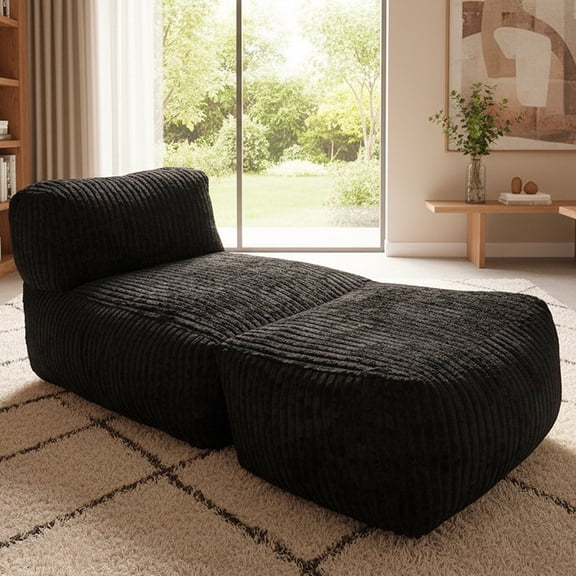 Large Bean Bag Lounger Chair for Adults with Ottoman, Oversized Bean Bag Sofa Filled with High-Resilience Foam, Soft Corduroy Floor Chair for Living Room Bedroom Dorm or Balcony (Stripe Black)