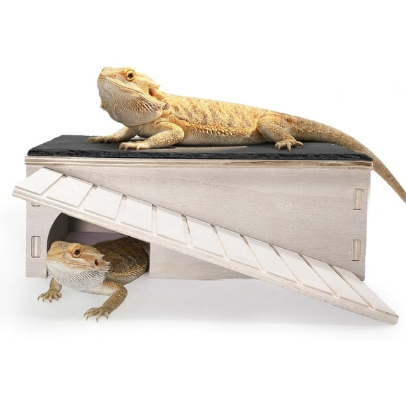 Large Bearded Dragon Hide Cave with Basking Platform,Wooden Lizard Hideout with Climbing Ramp,Reptile Slate Rocks Basking Platform with Hiding Cave Tank Accessories for Gecko,Chameleon,Snake