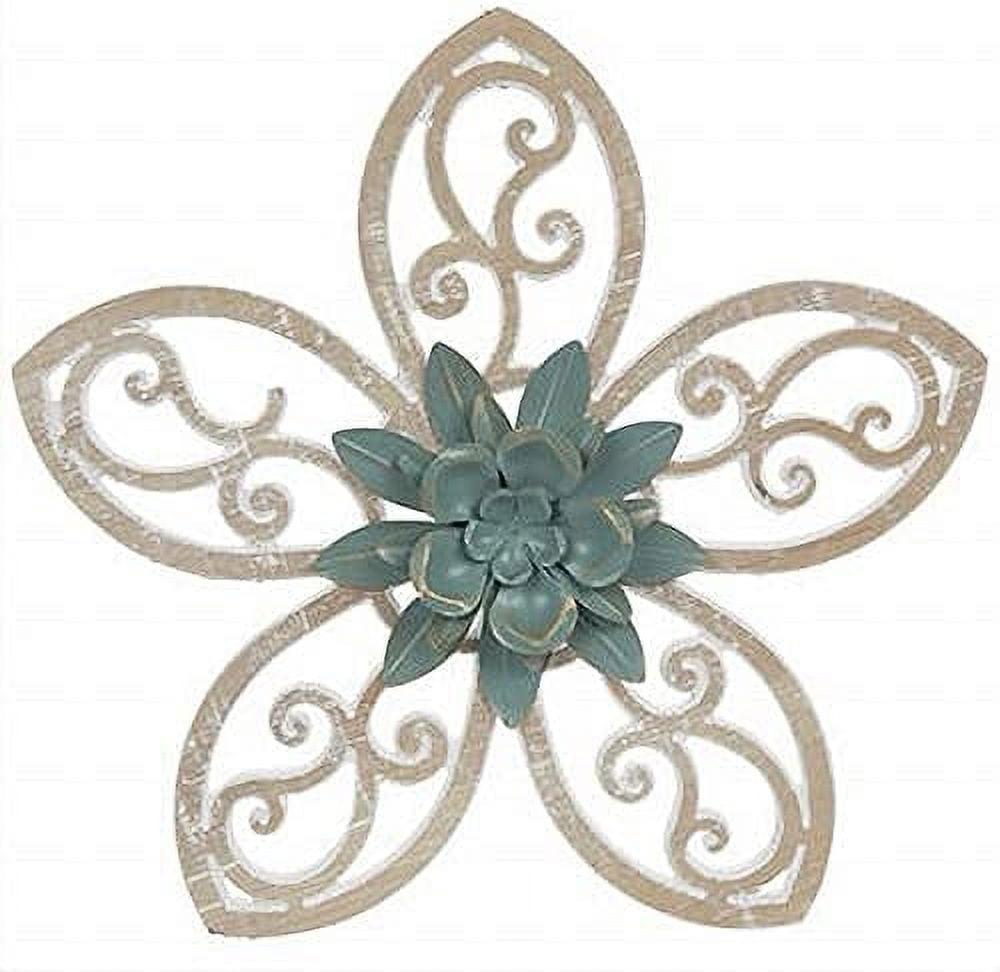 Large Beautiful Distressed Whitewashed Flower Metal And Wood Wall Decor