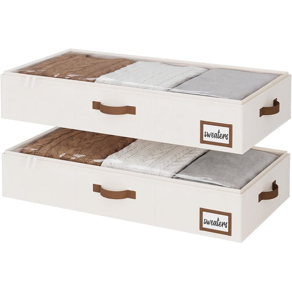 PLERISE Under Bed Storage Bins - Large, Fabric, with Handles and Label Holder, for Clothes Blankets Sweaters, Beige, No Wheels - 2 pack