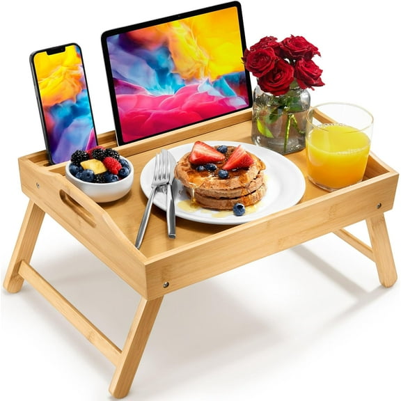 Large Bed Table Tray with Folding Legs, Laptop Holder and Handles - Breakfast Tray Bamboo Bed Tray for Eating, Sofa, Bed, Food Trays for Eating on Couch, Snacking and Working