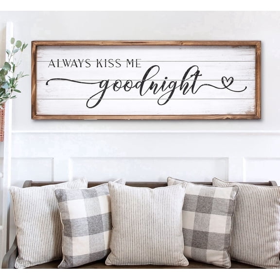 MODE HOME Large Above Bed Wall Decor Bedroom Sign Bedroom Decor with Solid Wood Frame for Couples, Always Kiss Me Goodnight Sign for Bedroom, Love Theme Wall Decor 42''×15''