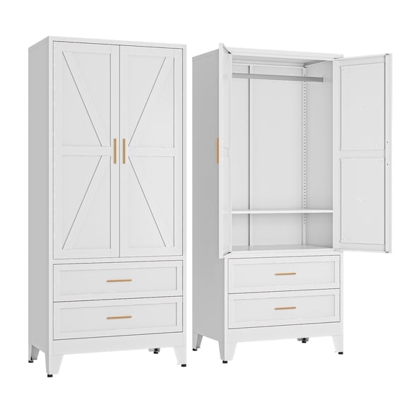 Large Bedroom Armoires With Shelves and Hanging Rod,Wardrobe Storage Cabinet,Metal Clothing Storage Cabinet with 2 Doors