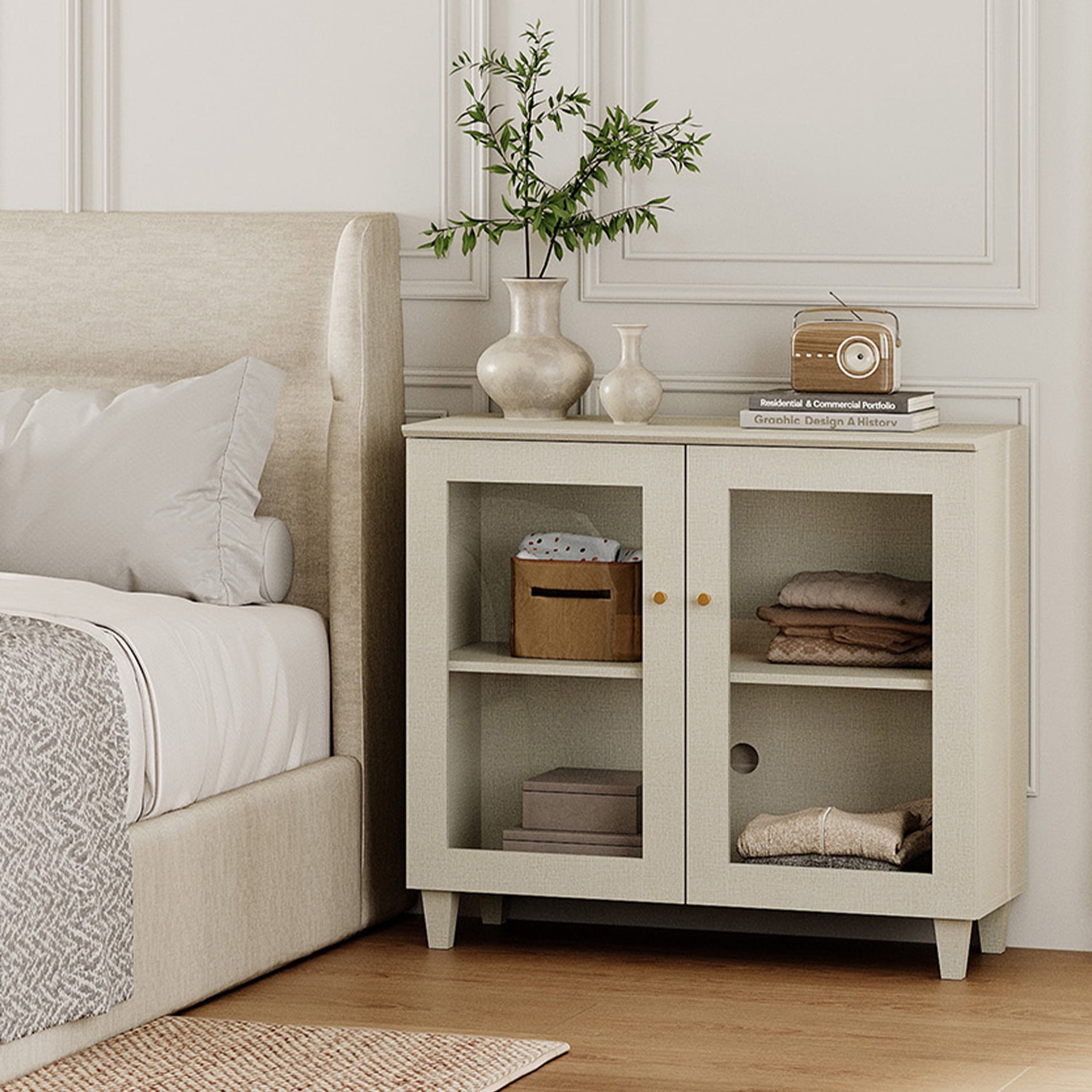 Large Bedroom Nightstand with Glass Doors, Tall Bedside Table with Adjustable Shelf and Cable Management, Beige