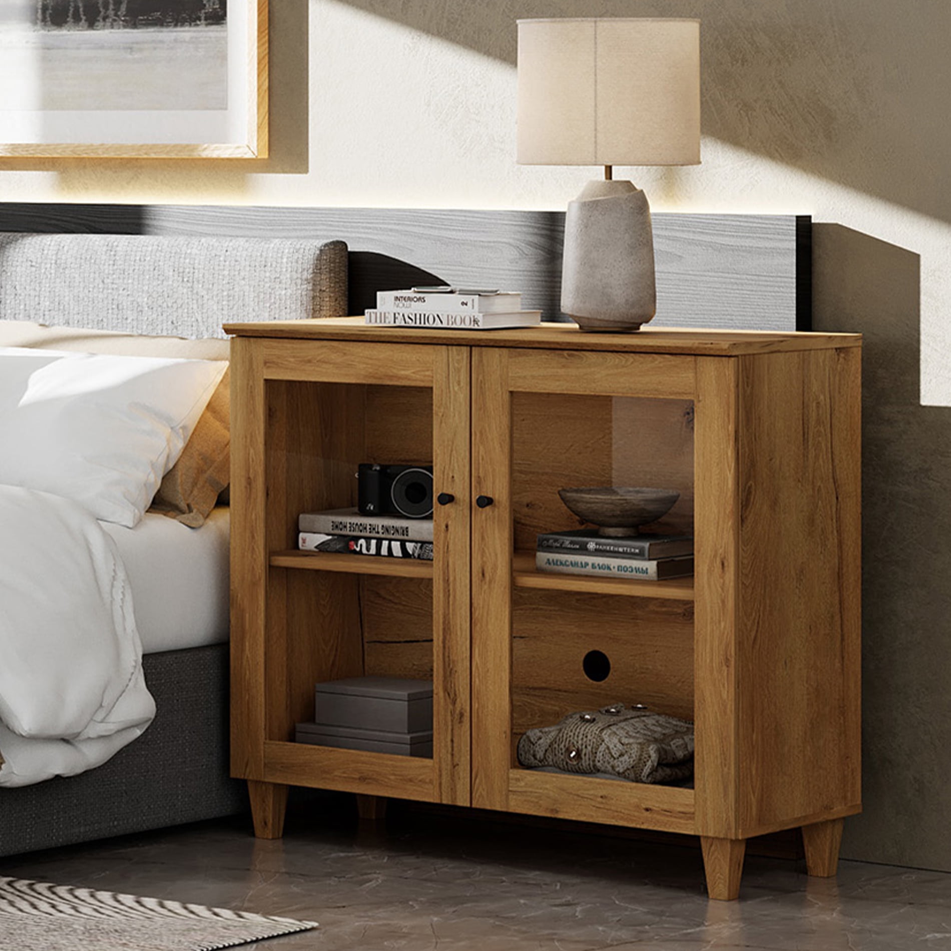 Large Bedroom Nightstand with Glass Doors, Tall Bedside Table with Adjustable Shelf and Cable Management, Brown