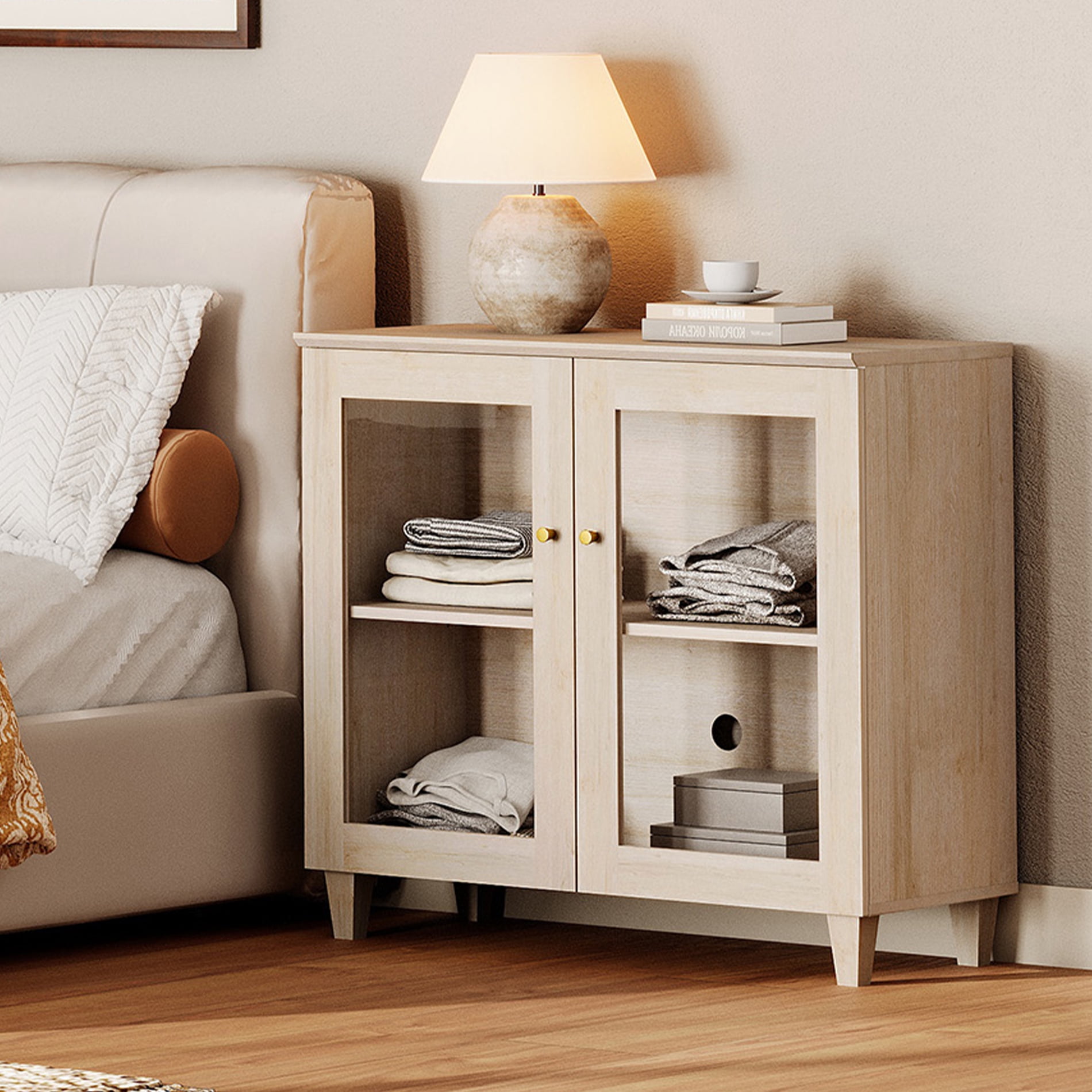 Large Bedroom Nightstand with Glass Doors, Tall Bedside Table with Adjustable Shelf and Cable Management, White Oak
