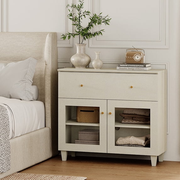 Large Bedroom Nightstand with Glass Doors, Tall Bedside Table with Drawer, Shelf and Cable Management, Beige
