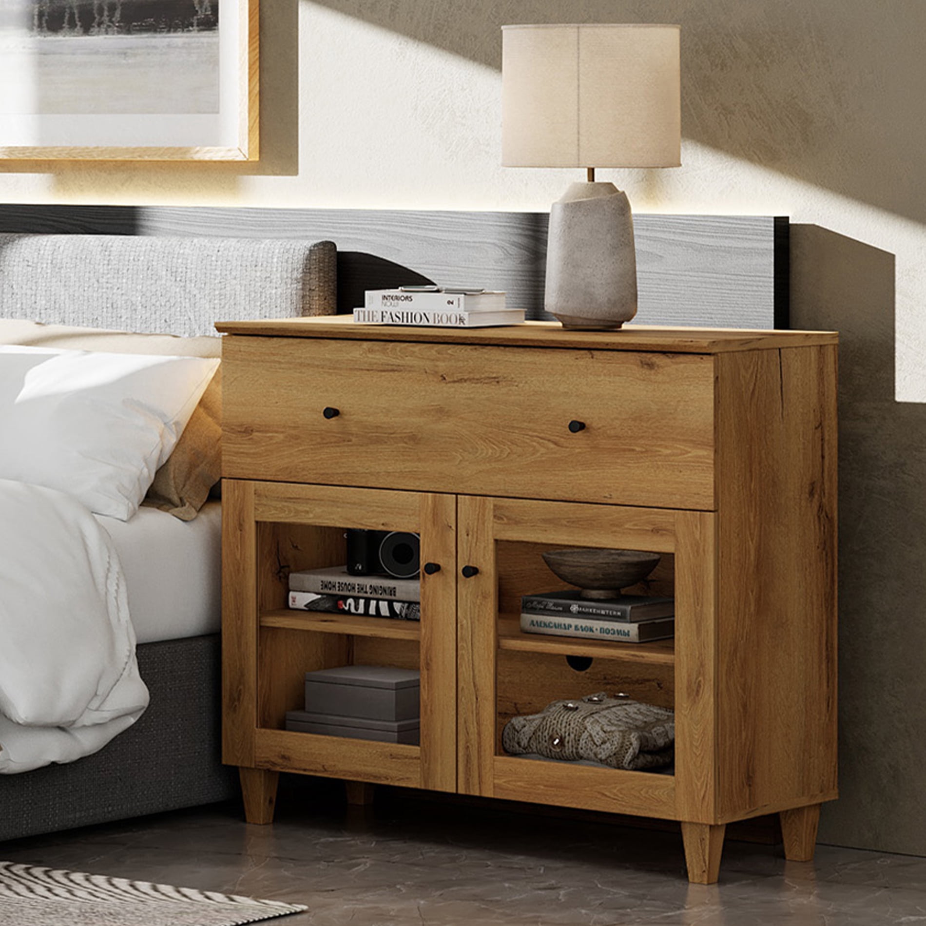 Large Bedroom Nightstand with Glass Doors, Tall Bedside Table with Drawer, Shelf and Cable Management, Brown