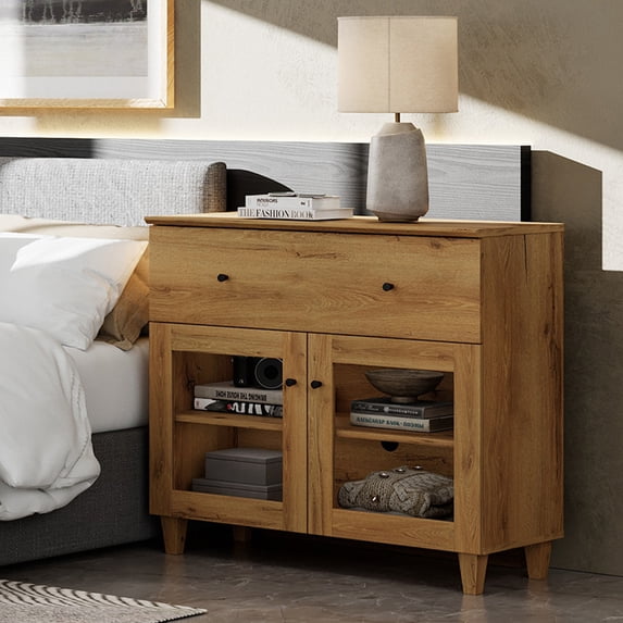 Large Bedroom Nightstand with Glass Doors, Tall Bedside Table with Drawer, Shelf and Cable Management, Brown