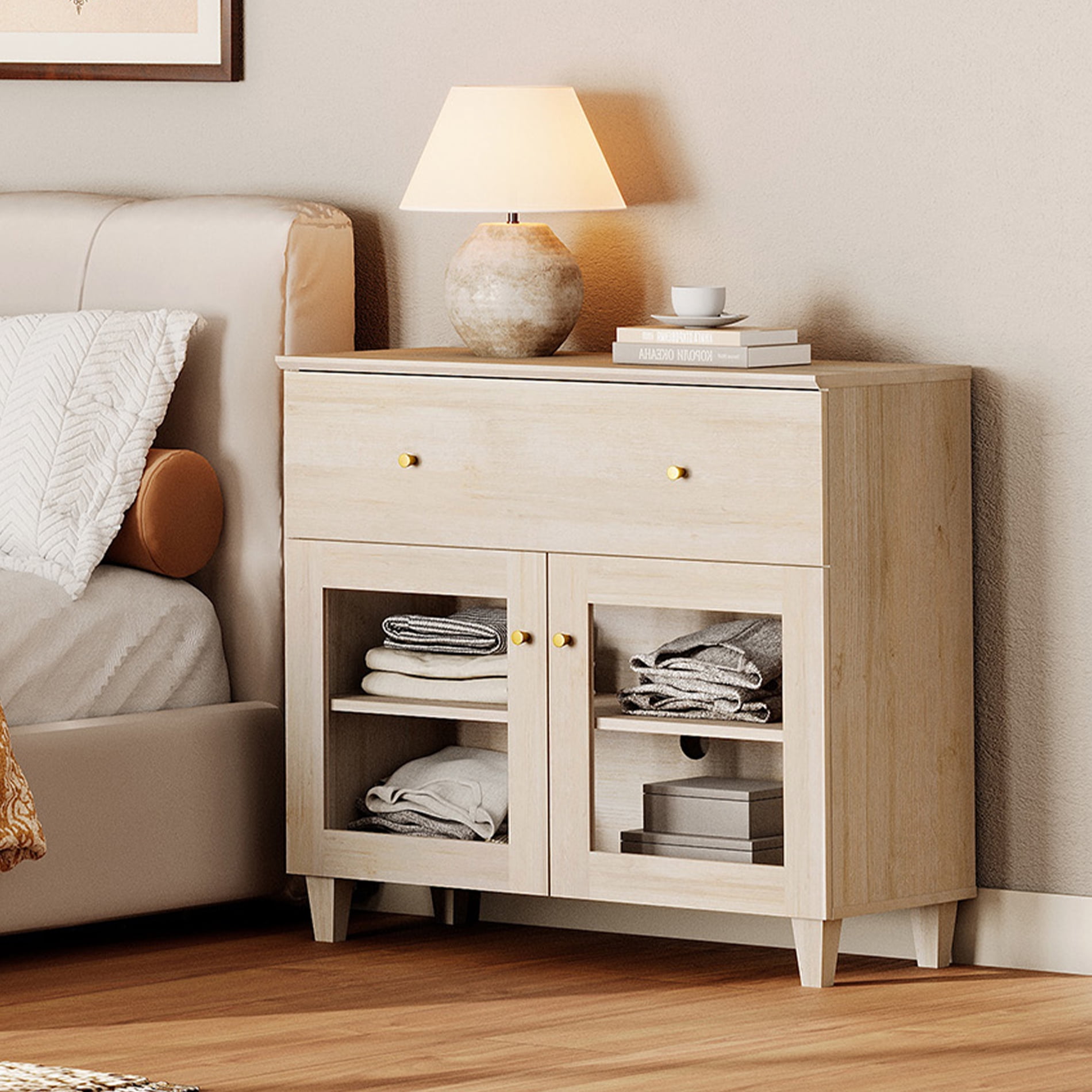 Large Bedroom Nightstand with Glass Doors, Tall Bedside Table with Drawer, Shelf and Cable Management, White Oak