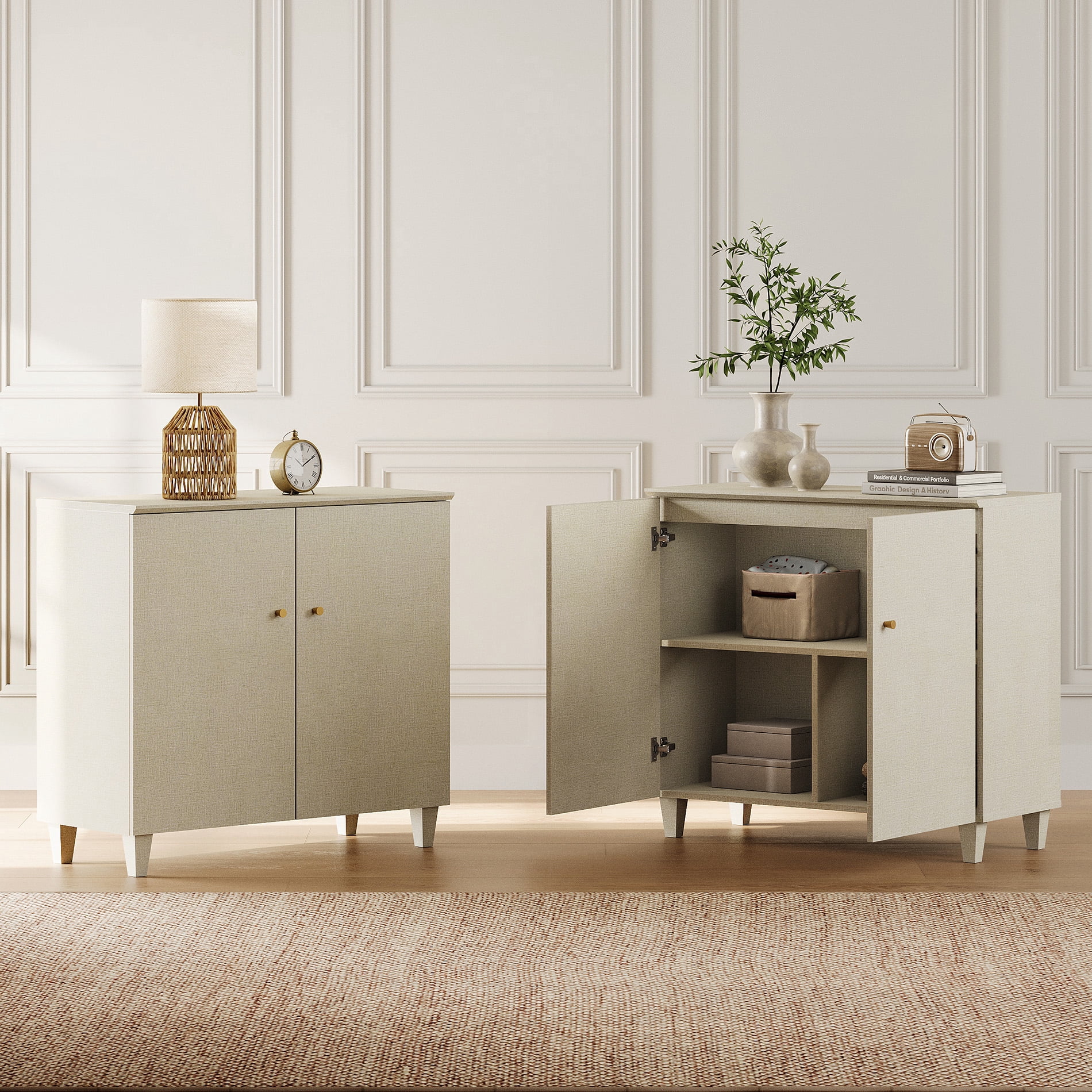 Large Bedroom Nightstands - Set of 2, Bedside Table with 3 Fixed Compartments, Beige