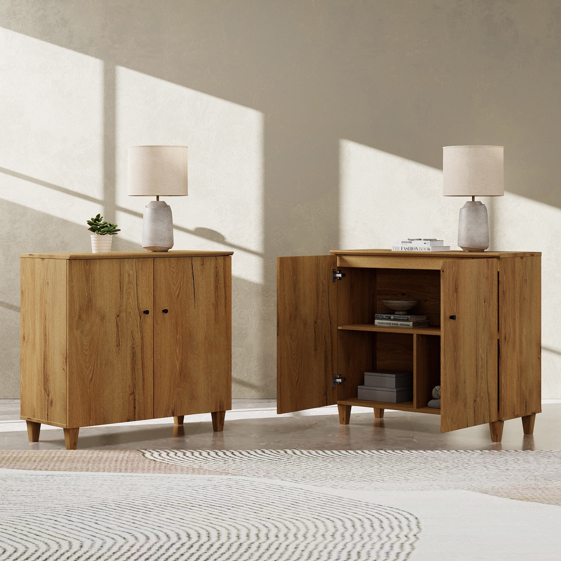 Large Bedroom Nightstands - Set of 2, Bedside Table with 3 Fixed Compartments, Brown