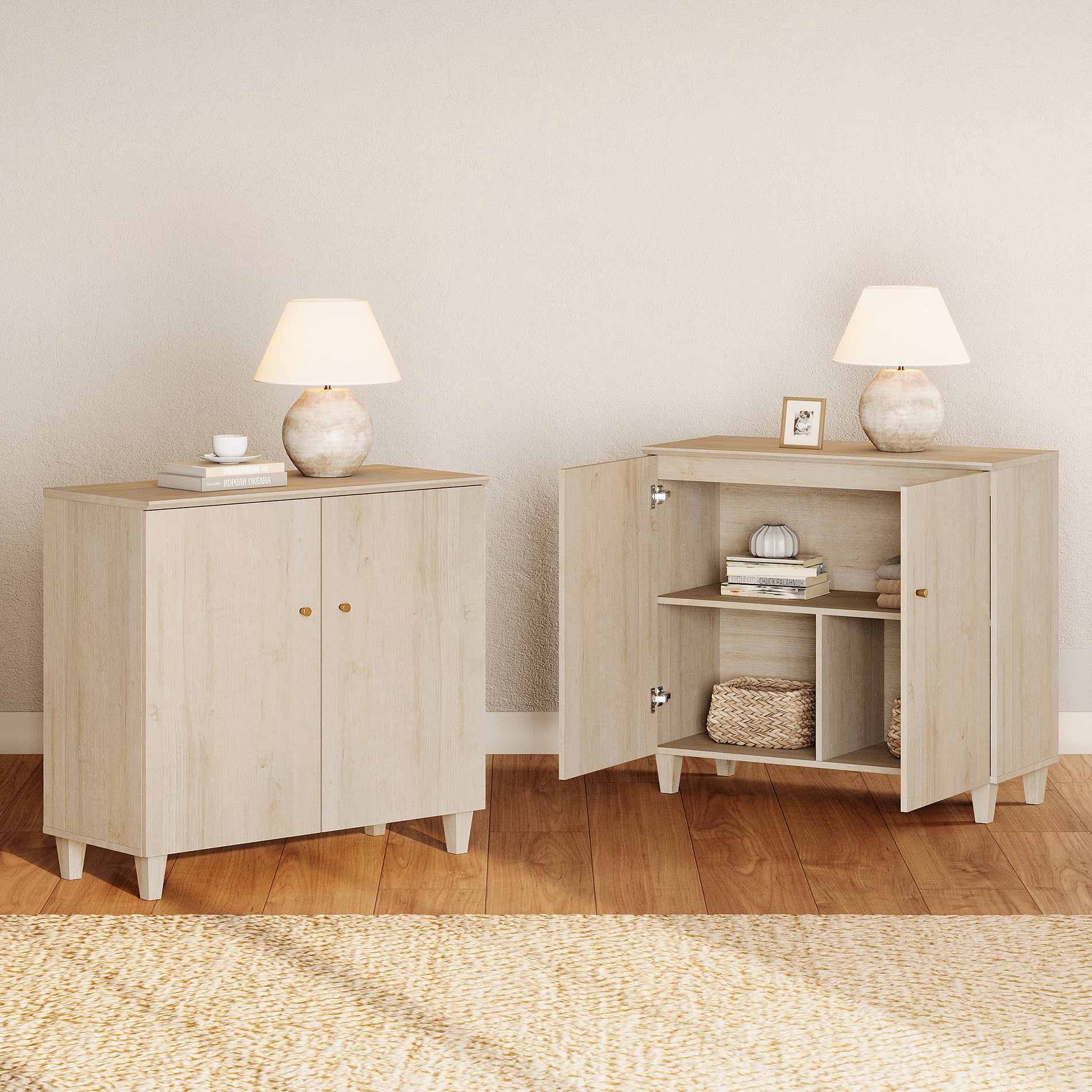 Large Bedroom Nightstands - Set of 2, Bedside Table with 3 Fixed Compartments, White Oak