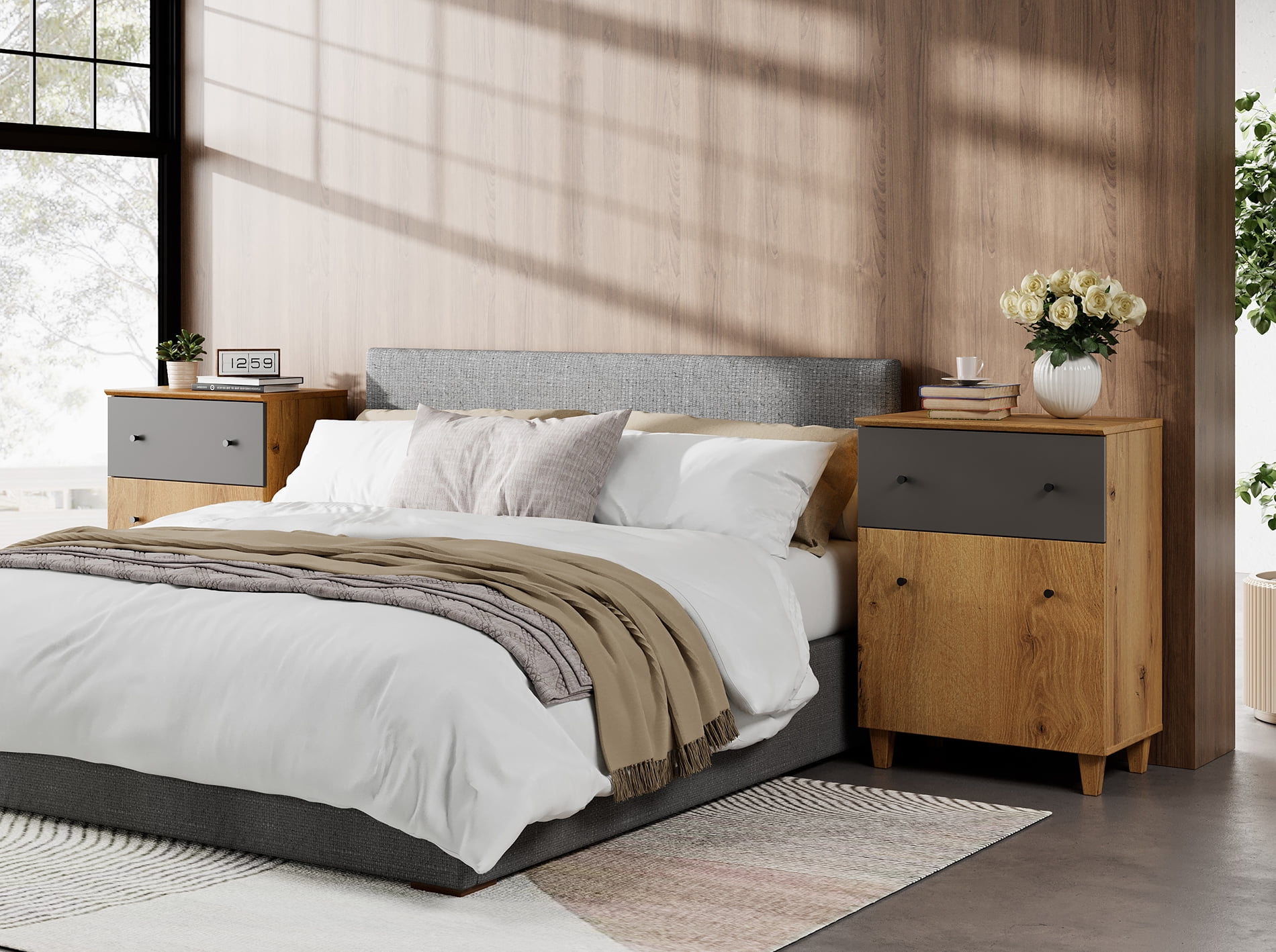 Large Bedroom Nightstands - Set of 2, Bedside Table with Drawer and Adjustable Shelf, Brown