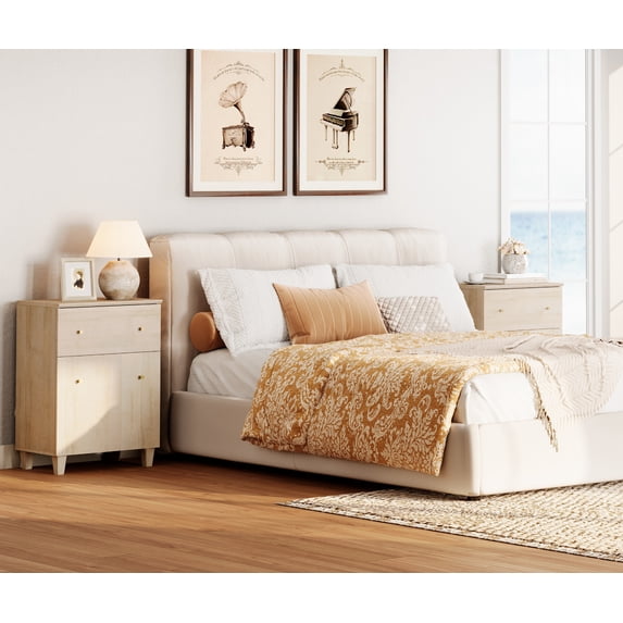 Large Bedroom Nightstands - Set of 2, Bedside Table with Drawer and Adjustable Shelf, White Oak