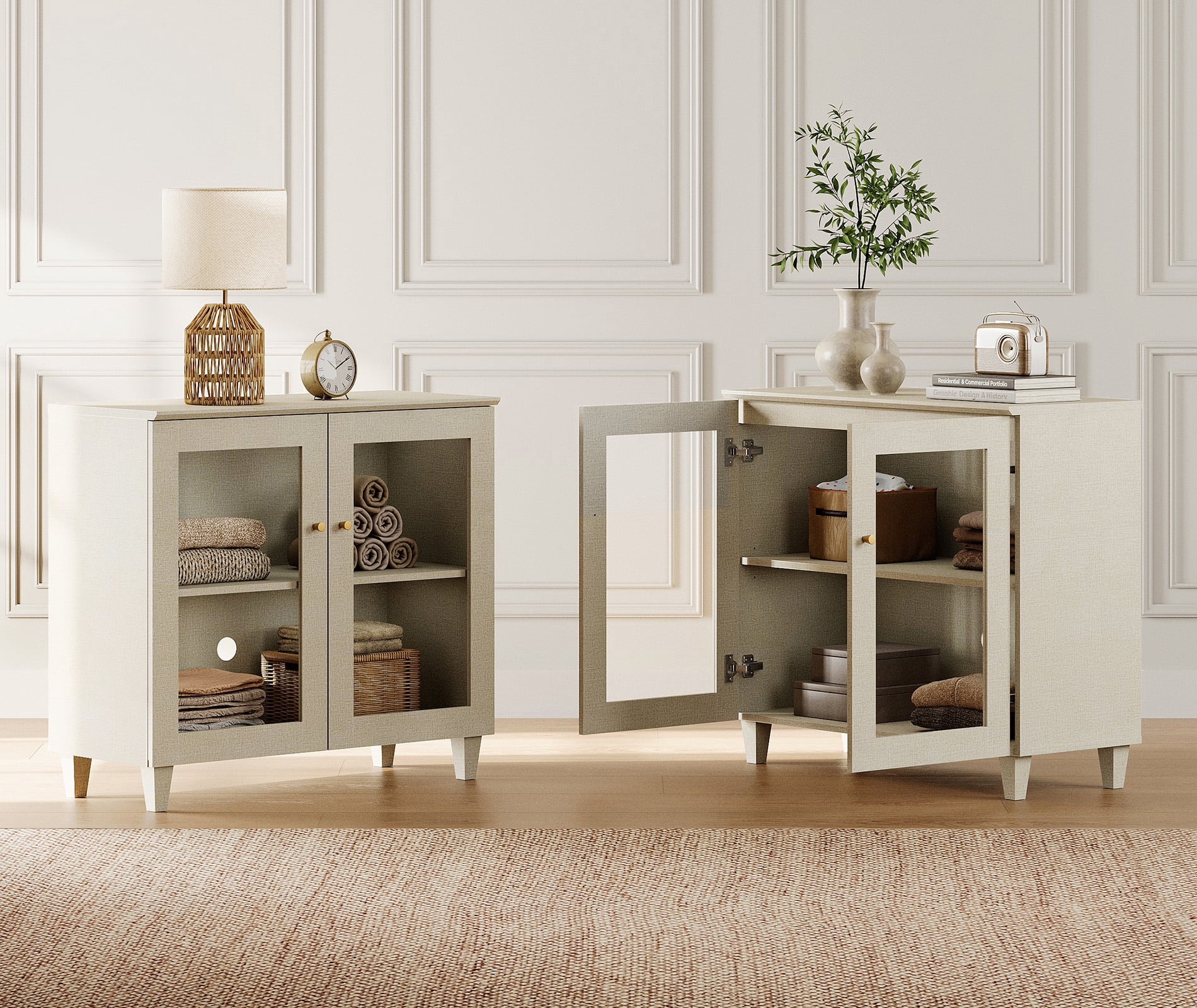 Large Bedroom Nightstands with Glass Doors - Set of 2, Bedside Table with Adjustable Shelf and Cable Management, Beige