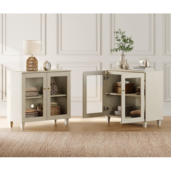 Large Bedroom Nightstands with Glass Doors - Set of 2, Bedside Table with Adjustable Shelf and Cable Management, Beige