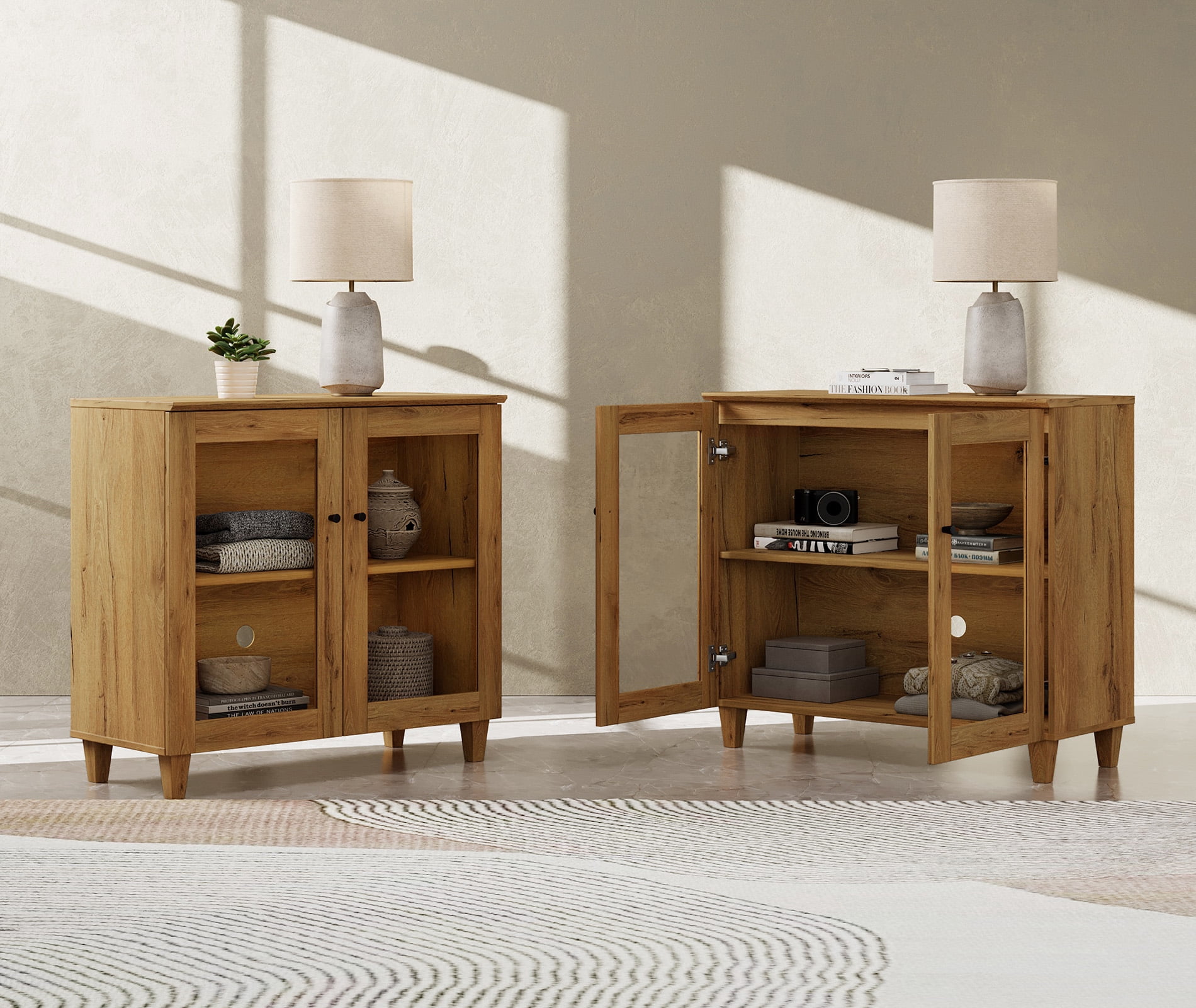 Large Bedroom Nightstands with Glass Doors - Set of 2, Bedside Table with Adjustable Shelf and Cable Management, Brown