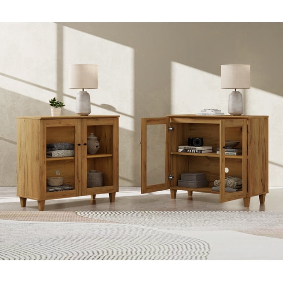 Large Bedroom Nightstands with Glass Doors - Set of 2, Bedside Table with Adjustable Shelf and Cable Management, Brown