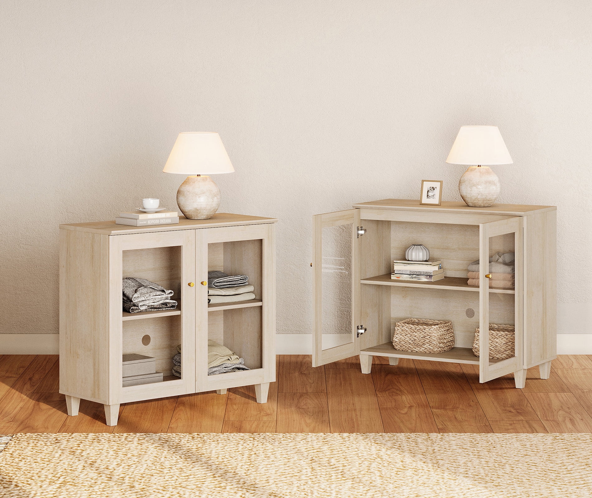 Large Bedroom Nightstands with Glass Doors - Set of 2, Bedside Table with Adjustable Shelf and Cable Management, White Oak