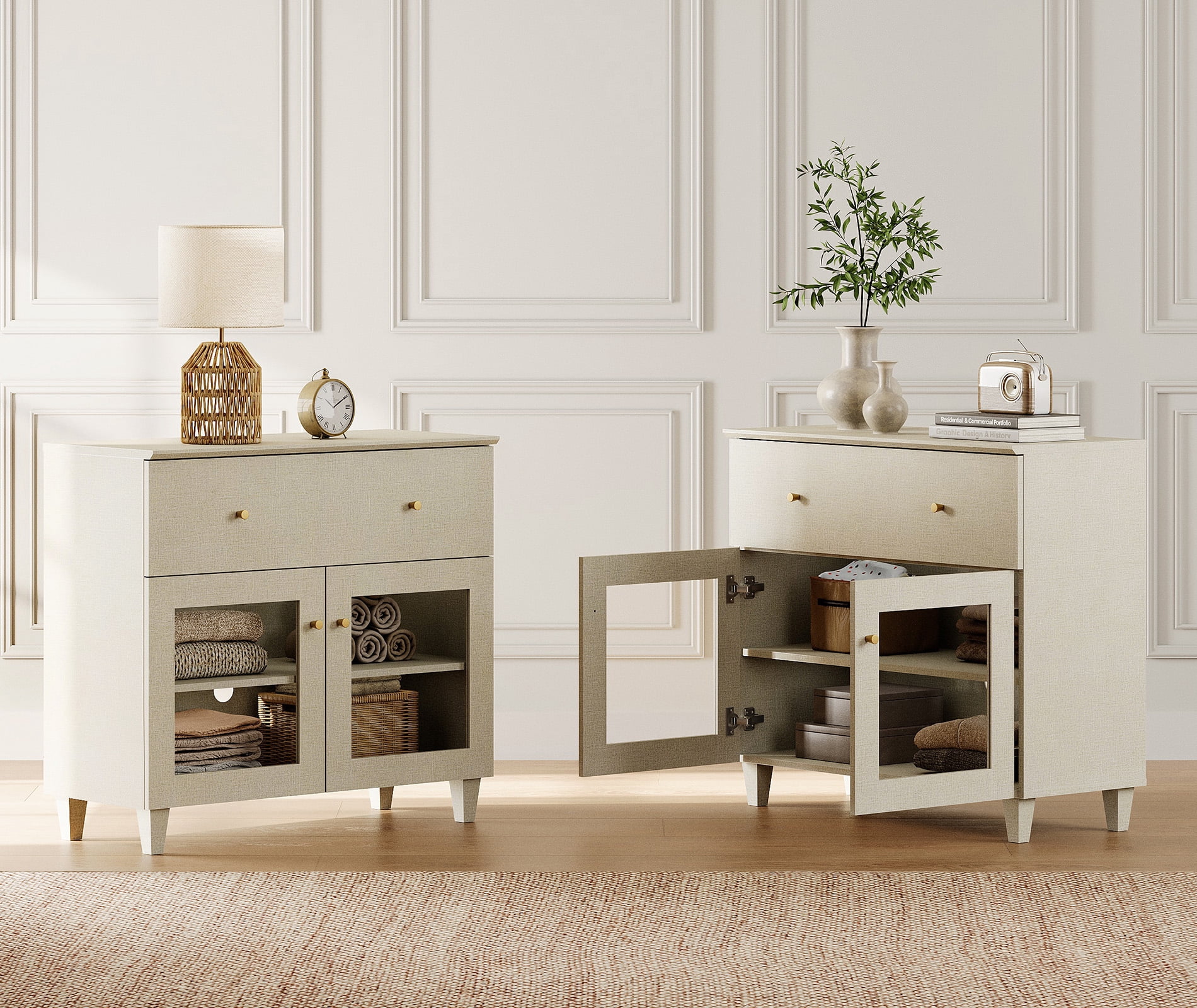 Large Bedroom Nightstands with Glass Doors - Set of 2, Bedside Table with Drawer, Shelf and Cable Management, Beige