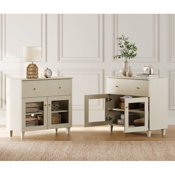 Large Bedroom Nightstands with Glass Doors - Set of 2, Bedside Table with Drawer, Shelf and Cable Management, Beige