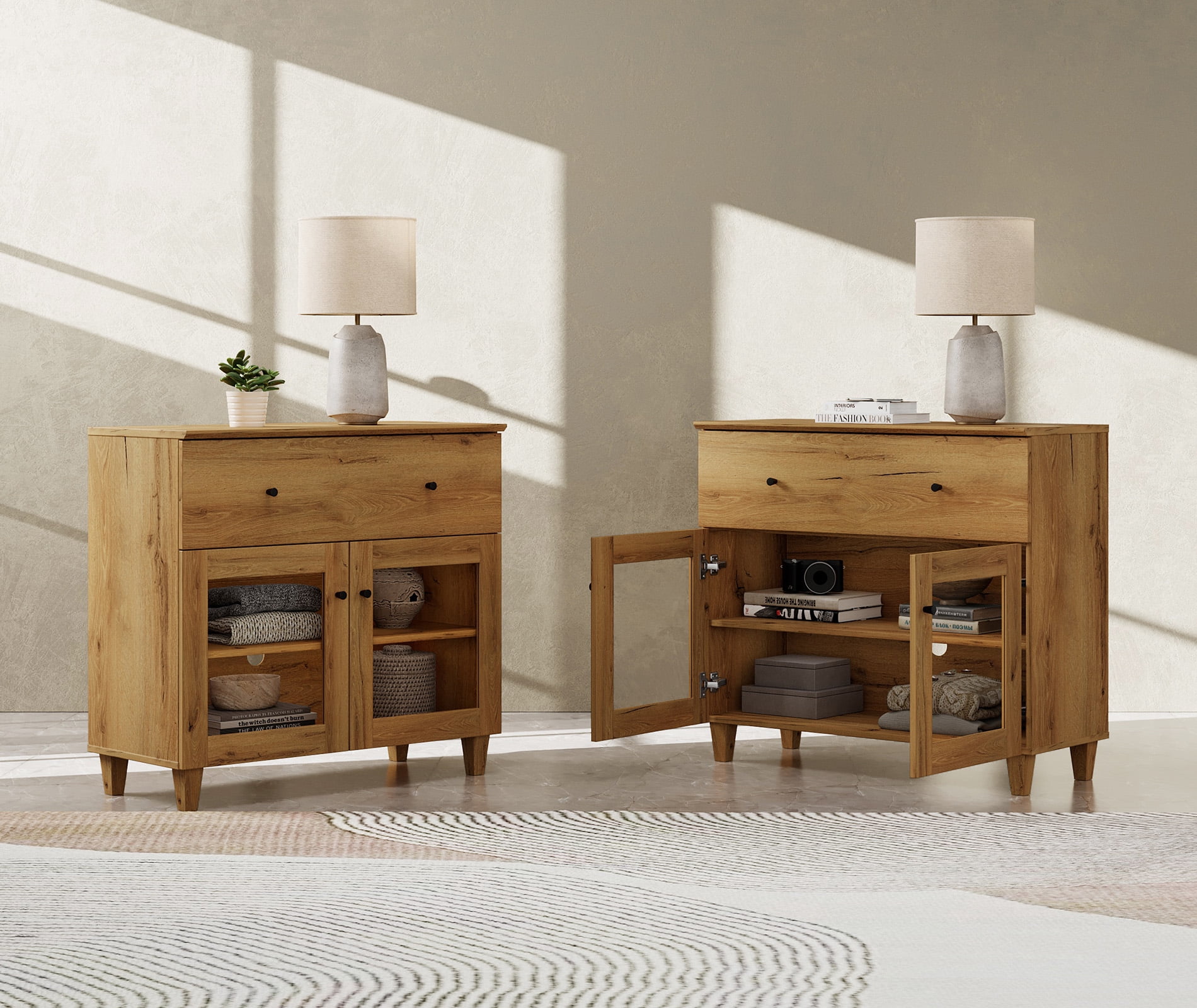 Large Bedroom Nightstands with Glass Doors - Set of 2, Bedside Table with Drawer, Shelf and Cable Management, Brown