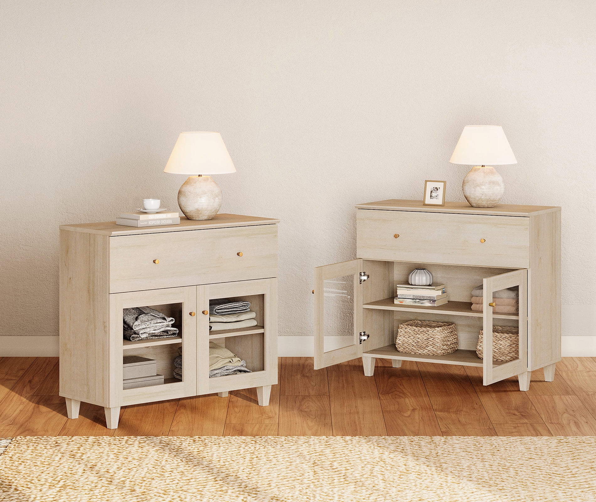 Large Bedroom Nightstands with Glass Doors - Set of 2, Bedside Table with Drawer, Shelf and Cable Management, White Oak