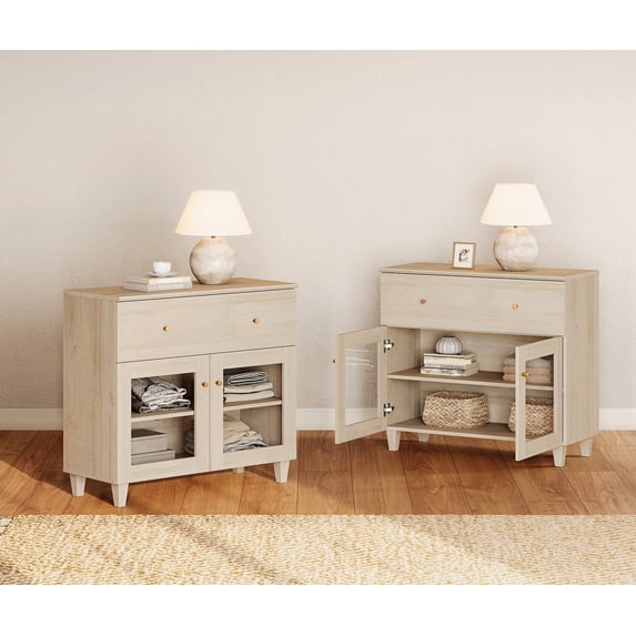 Large Bedroom Nightstands with Glass Doors - Set of 2, Bedside Table with Drawer, Shelf and Cable Management, White Oak