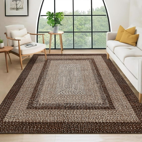 Large Bedroom Rug 6x9 Machine Washable Area Rug Braided Print Boho Accent Carpet Throw Floor Cover Farmhouse Rustic Rug Geometric Bordered Braided Carpet for Living Room Home Office, Brown