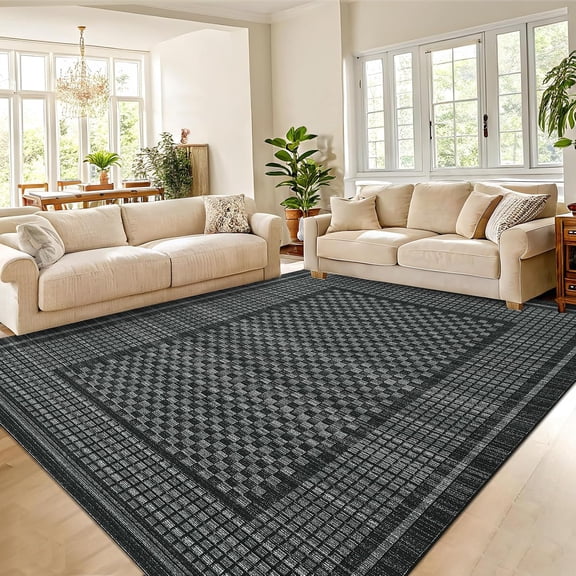 Large Bedroom Rugs 10x13 Modern Checkered Accent Rugs with Non-Slip Backing, Contemporary Plaid Floor Cover, Stain-Resistant Low Pile Indoor Carpet for Dining Room, Black