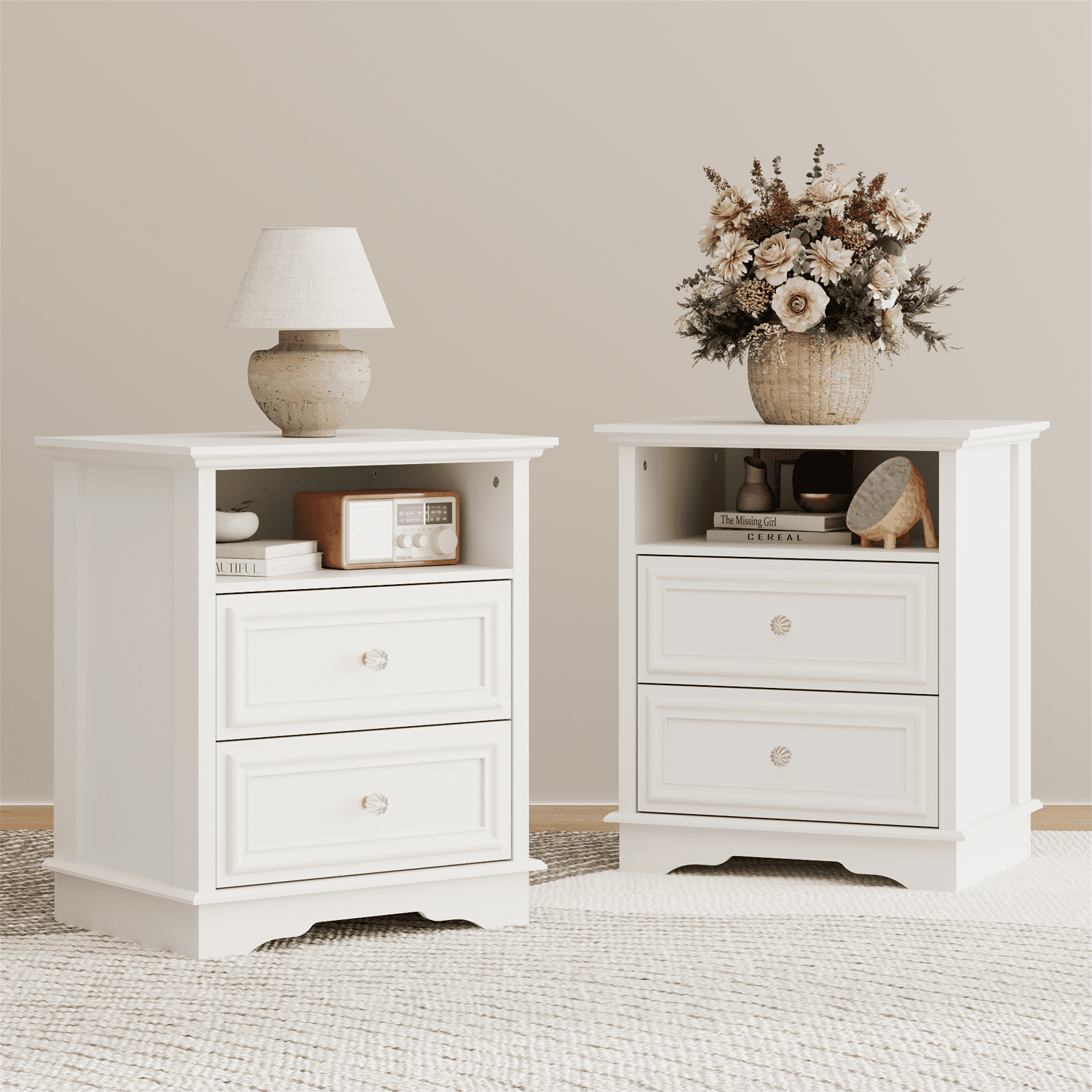 Brafabhome Set of 2 Nightstands with 2 Drawers, Mid-Century Bedside Table with Open Storage Shelf and Hidden Drawer for Bedroom Living Room | White