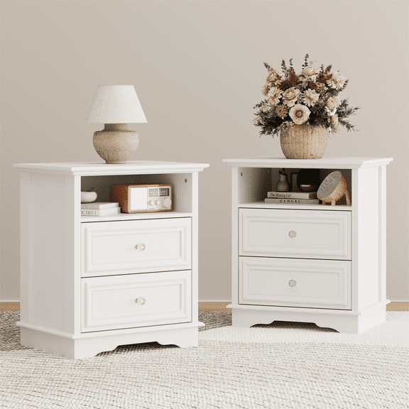 Brafabhome Set of 2 Nightstands with 2 Drawers, Mid-Century Bedside Table with Open Storage Shelf and Hidden Drawer for Bedroom Living Room | White