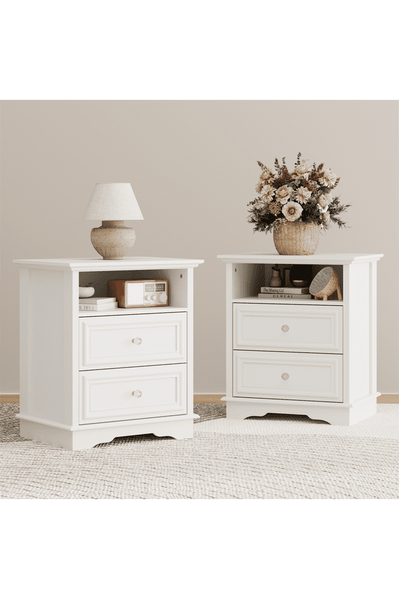 Set of 2 Nightstands with 2 Drawers, Mid-Century Bedside Table with Open Storage Shelf and Hidden Drawer for Bedroom Living Room | White
