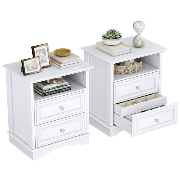 Brafabhome Farmhouse Wood Nightstands with 2 Drawers, Modern Bedside Table with Storage Shelf for Bedroom, Accent Side Table with Hidden Drawer for Living Room, Set of 2 | White