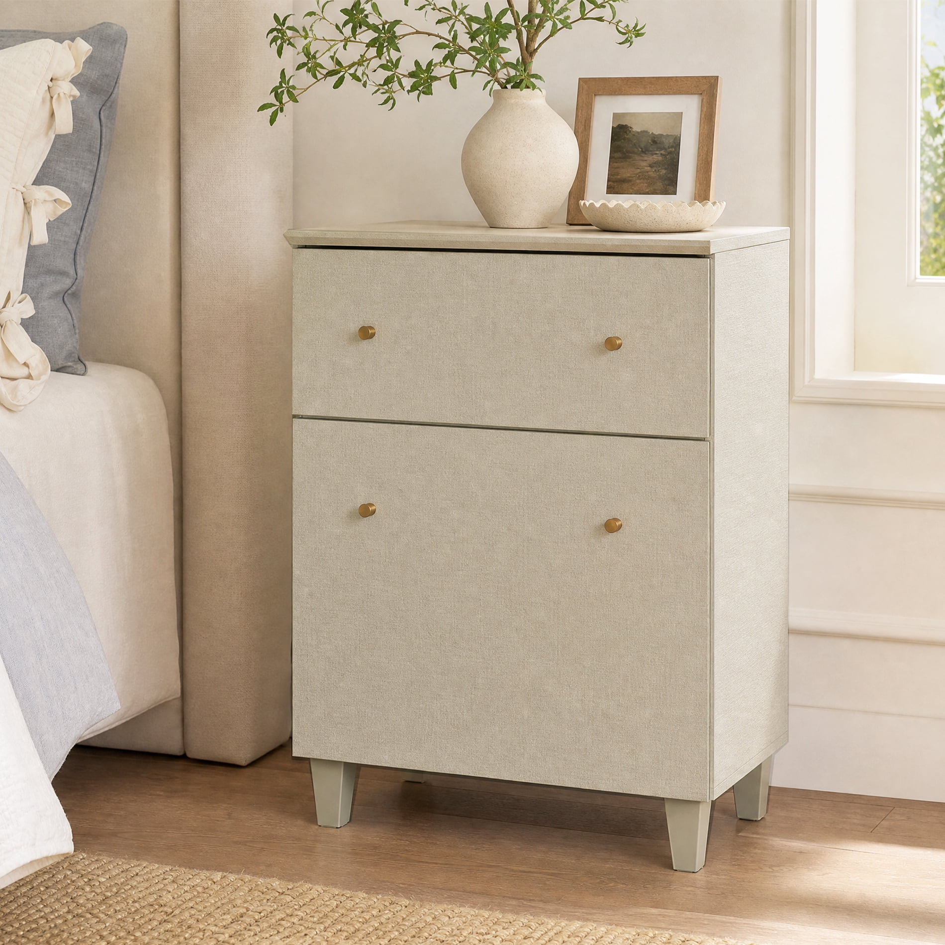 Large Bedside Table with 1 Drawer and Cabinet, Tall Nightstand for Bedroom, Beige Gray