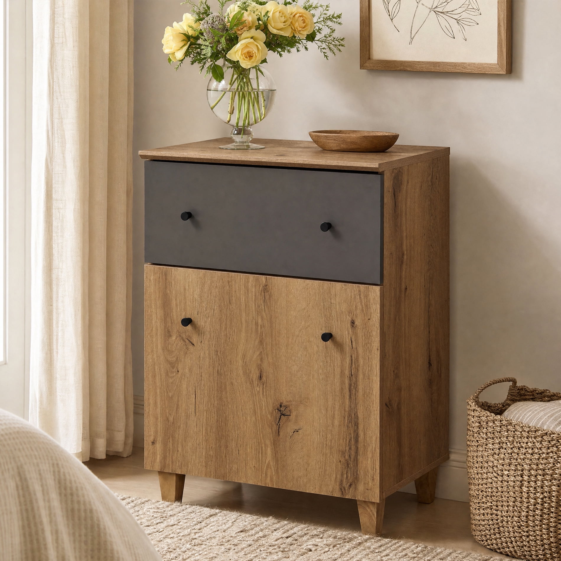 Large Bedside Table with 1 Drawer and Cabinet, Tall Nightstand for Bedroom, Oak&Dark Gray